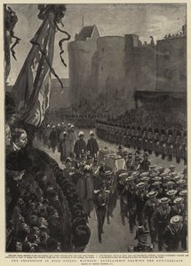 La procesión en High Street, Windsor, marineros tirando del carro de armas de Gordon Frederick Browne