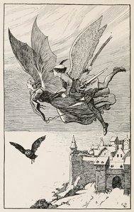 El compañero de viaje voló detrás de ella, de Cuentos de hadas de Hans Anderson, pub 1919 (grabado) de Gordon Frederick Browne