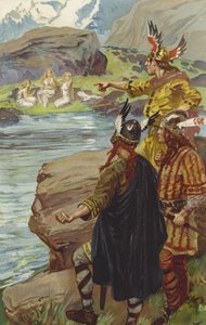 Vieron en la orilla del lago a tres doncellas sentadas hilando lino de Gordon Frederick Browne