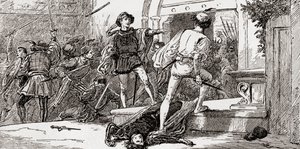 Tybalt asesinado por Romeo, escena de Romeo y Julieta de William Shakespeare, Acto III, Escena 1, de Las Obras de William Shakespeare, publicado 1896 de Gordon Frederick Browne