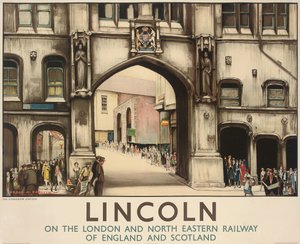 Un cartel de los Ferrocarriles de Londres y del Noreste que anuncia viajes en tren a Lincoln