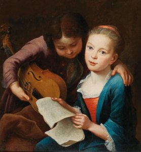 Pareja de niños tocando música, 1746