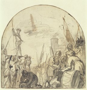 Brinio siendo levantado en su escudo por sus guerreros de Govaert Flinck