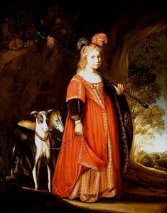 Retrato de una joven como Diana, en un claro con dos galgos