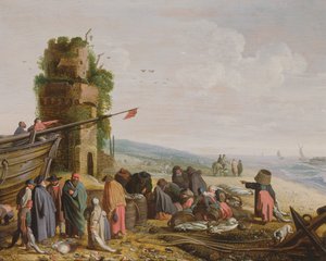 Pescadores en la playa con su captura