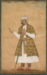 Un cortesano, posiblemente Khan Alam, sosteniendo un espinela y una espada de Deccan, c. 1605-1610 de Govardhan