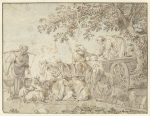 Granjeros y ganado en una carreta agrícola de Govert Dircksz. Camphuysen (possibly)