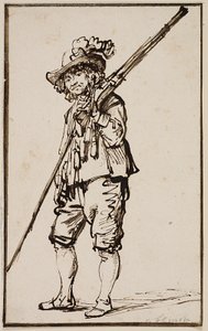 Un soldado de pie con un mosquete al hombro de Govert Flinck