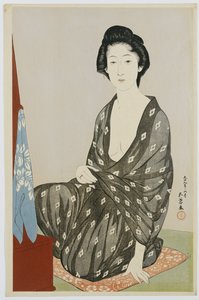 Una belleza en un kimono negro con patrones de hanabishi blancos, sentada frente a un espejo, 1920 de Goyo Hashiguchi