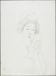 Dibujo de una Mujer Sosteniendo un Espejo de Goyo Hashiguchi