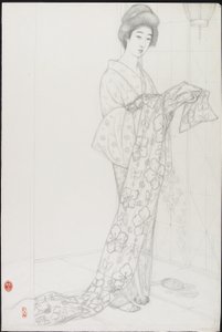 Dibujo preparatorio para Mujer en ropa interior de kimono