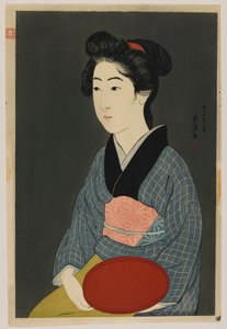 Mujer sosteniendo una bandeja, era Taisho, enero de 1920
