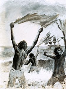 Náufragos en la isla de Asunción (gouache sobre papel)