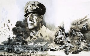 Douglas MacArthur con escenas del Desembarco del Día D
