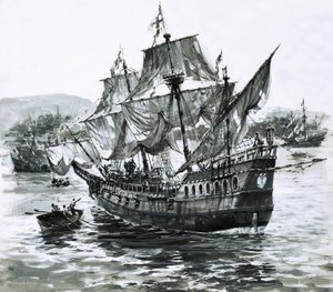 El barco de Drake, el Golden Hind, regresa cojeando a Portsmouth cargado de inmensas riquezas