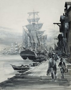 Escena portuaria (gouache sobre papel)