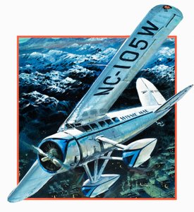 Wiley Hardemann Post dando la vuelta al mundo en solitario con Winnie May (gouache sobre papel)