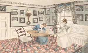 Dos mujeres jóvenes escribiendo y cosiendo en un interior en Hatton, Warwickshire, 1820-30 de Granddaughters of Dr. Samuel Parr.