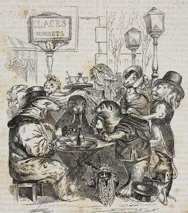 Bestias sentadas en una heladería, litografía de Giovanni Mariani después de una caricatura de Jean-Jacques Grandville de Poliorama Pittoresco, n 24, 21 de enero de Grandville