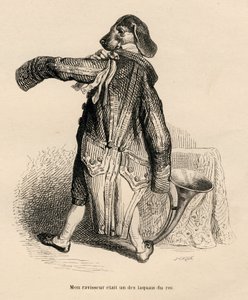 Perro en el papel de un lacayo del rey. Vinetas ilustradas por JJ Granville. Grabado firmado por Caque en la parte "Historia de una liebre" escrito por PJ Stahl en "Escenas de la vida privada y pública de los animales". París, J. Hetzel y Paulin de Grandville