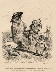 Deux petits lievres avec leur grande soeur arretes par un hibou dans un champ de Grandville