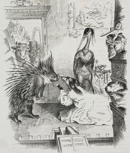 Perro y puercoespín, caricatura de Jean-Jacques Grandville (1803-1847), litografía de Giovanni Mariani de Poliorama Pittoresco, n 38, 30 de abril