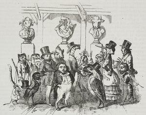 Salida del teatro, caricatura de Jean-Jacques Grandville, litografía de Giovanni Mariani de Poliorama Pittoresco, n 39, 7 de mayo de Grandville