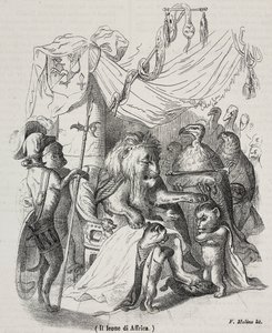 León de África, personaje de la historia del León Africano y tres leones jóvenes nativos, litografía de Filippo Molino después de un dibujo de Jean-Jacques Grandville de Grandville