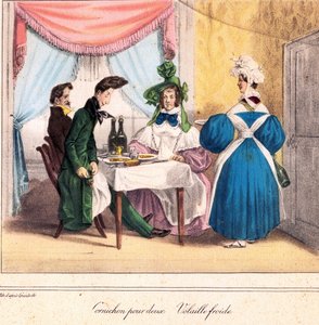 La tarjeta viva del restaurador: Pepinillo para dos, pollo frío 1831-32 de Grandville
