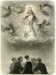 Alegoría de una joven rodeada de 4 suspirantes, que se compara con un planeta alrededor del cual gravitan cuatro satélites, uno de los cuales se convertirá en su sol. Grabado de Grandville que ilustra un capítulo del libro de Mery: "Las estrellas" de Grandville (1803 47)