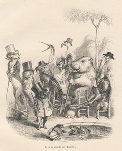 Animales con trajes elegantes paseando por las Tullerías. Viñetas ilustradas por JJ Granville. Grabado firmado Andrew, Best y Leloir en la parte "Historia de una liebre" escrito por PJ Stahl en "Escenas de la vida privada y pública de los animales". París