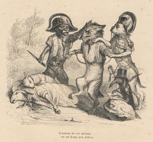 Arresto de un lobo que acaba de matar a dos ovejas. Viñetas ilustradas por JJ Granville. Grabado firmado por Andrew, Best y Leloir en la parte titulada "Corte criminal de justicia animal" escrito por Emile de La Bédollière en "Escenas de la vida privada y  de Grandville