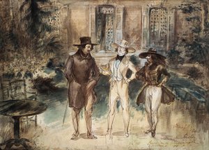 Caricatura de Honoré de Balzac, Frederick Lemaitre y Théophile Gautier por Gérard Granville de Grandville