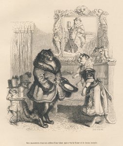 Gato de corte saludando a una joven gata. Viñetas ilustradas por JJ Granville. Grabado firmado Breviere en la parte titulada "Penas de corte de una gata inglesa" escrito por Honoré de Balzac en "Escenas de la vida privada y pública de los animales". París,
