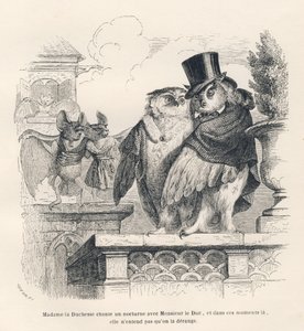 Murciélago escuchando a un búho y una lechuza cantar. Viñetas ilustradas por JJ Granville. Grabado firmado por Breviere en la parte titulada "Recuerdos de una vieja corneja" escrito por PJ Stahl en "Escenas de la vida privada y pública de los animales". Pa de Grandville