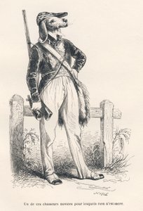 Perro con ropa de caza. Viñetas ilustradas por JJ Granville. Grabado firmado Caque en la parte titulada "Recuerdos de una vieja corneja" escrito por PJ Stahl en "Escenas de la vida privada y pública de los animales". París, J. Hetzel y Paulin de Grandville