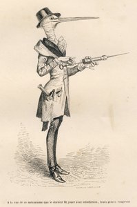 Cigüeña como médico manipulando un enema. Viñetas ilustradas por JJ Granville. Grabado firmado Andrew, Best y Leloir en la parte titulada "Penas de corte de una gata inglesa" escrito por Honoré de Balzac en "Escenas de la vida privada y pública de los anim
