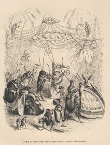 Concierto de insectos en un baile. Viñetas ilustradas por JJ Granville. Grabado firmado Godard en la parte titulada "Las aventuras de una mariposa" escrito por PJ Stahl en "Escenas de la vida privada y pública de los animales". París, J. Hetzel y Paulin
