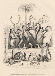 Conversación entre animales. Vignettes ilustradas por JJ Granville. Grabado firmado Breviere en el prólogo titulado "Resumen parlamentario" escrito por PJ Stahl en "Escenas de la vida privada y pública de los animales". París, J. Hetzel y Paulin de Grandville