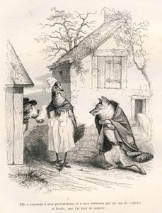 Conversación entre un perro, una gallina y un zorro. Viñetas ilustradas por JJ Granville. Grabado firmado por Godard en la parte titulada "Un zorro atrapado" escrito por Charles Nodier en "Escenas de la vida privada y pública de los animales". París, J. He de Grandville