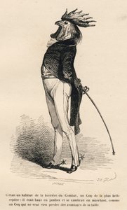 Gallo habitual de la barrera de combate marchando orgullosamente. Viñetas ilustradas por JJ Granville. Grabado firmado por Caque en la parte "Historia de una liebre" escrito por PJ Stahl en "Escenas de la vida privada y pública de los animales". París, J. 