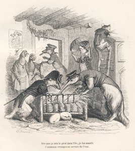 Tan pronto como puse un pie en la isla, fui asaltado por animales extraños al servicio del estado. Viñetas ilustradas por JJ Granville. Grabado firmado por Porret en la parte titulada "Viaje de un gorrión de París" escrito por George Sand en "Escenas de la de Grandville