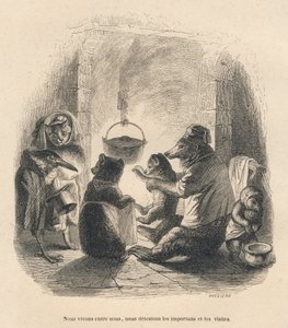 Deux visiteurs viennent importuner la famille ours assise devant la cheminee a l
