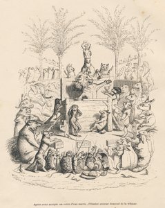 Discurso político del león en una tribuna rodeado de todos los demás animales. Viñetas ilustradas por JJ Granville. Grabado firmado por Godard en el prólogo titulado "Resumen parlamentario" escrito por PJ Stahl en "Escenas de la vida privada y pública de l de Grandville