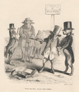 Duelo en el bosque de Boulogne. Viñetas ilustradas por JJ Granville. Grabado firmado Breviere en la parte "Historia de una liebre" escrito por PJ Stahl en "Escenas de la vida privada y pública de los animales". París, J. Hetzel y Paulin de Grandville