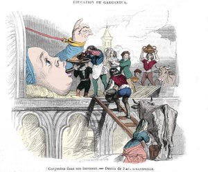 Gargantúa, personaje de las novelas de François Rabelais (1483-1553), escritor francés: "La educación de Gargantúa". Gargantúa en su cuna. Ilustración de Gérard Grandville (1803-1847) siglo XIX de Grandville