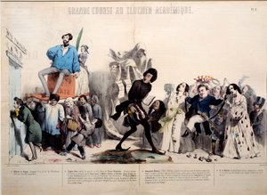 Gran carrera a la torre del campanario académico. Se reconocen los escritores Alfred de Vigny (1797-1863), Eugene Sue (1804-1857), Alexandre Dumas (1802-1870) y Honoré de Balzac (1799-1850). Grabado por Gerard Grandville (1803-1847)