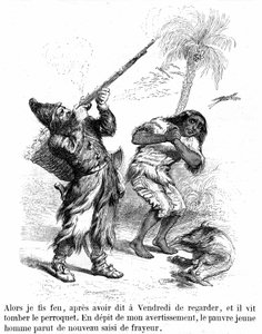 Ilustración de la novela Robinson Crusoe de Daniel de Foe (DeFoe) por Grandville - edición Garnier 1869 p193. Robinson dispara con un rifle delante de frighy viernes.