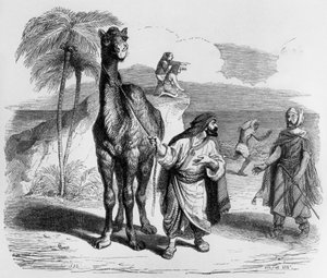 Fábula de La Fontaine (de Jean de La Fontaine) : el camello y los palos flotantes, grabado de J.J. Grandville, c. 1838-40