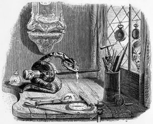Fábula de La Fontaine (de Jean de La Fontaine) : la serpiente y la lima, grabado de J.J. Grandville, c. 1838-40 de Grandville (1803 47)